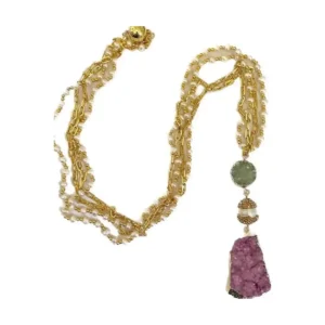 DRUZY DROP NECKLACE WITH PEARL CHAIN