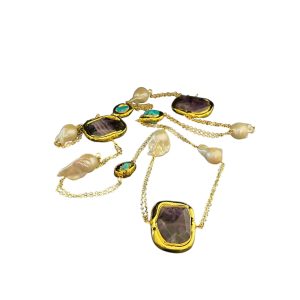 AMETHYST, TURQUOISE AND PEARL CHAIN NECKLACE