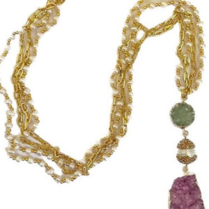 DRUZY DROP NECKLACE WITH PEARL CHAIN