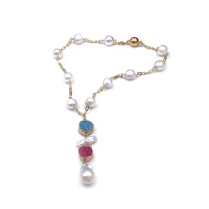 DRUZY AND PEARL NECKLACE-LIGHT BLUE AND PINK