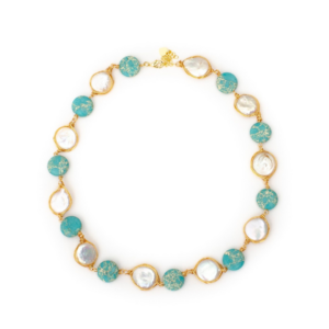 ZEVAR NECKLACE IN TURQUOISE AND WHITE COIN PEARL