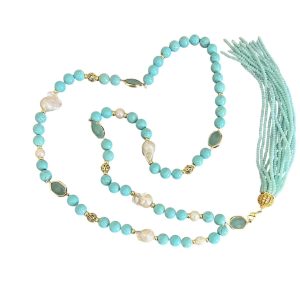 TURQUOISE AND PEARL WITH TASSEL NECKLACE