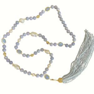 GREY AGATE AND PEARL WITH TASSELS